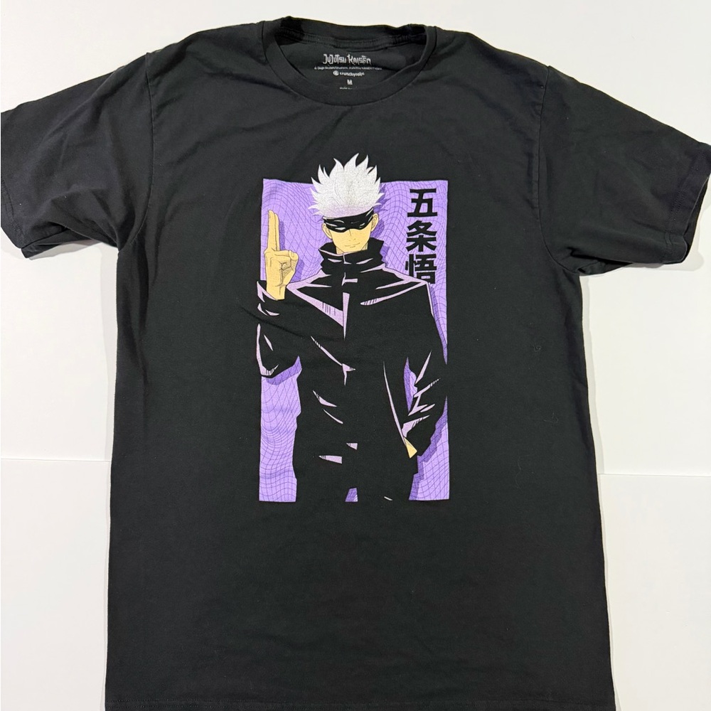 Black Anime Graphic Short Sleeve Tee with Purple Panel